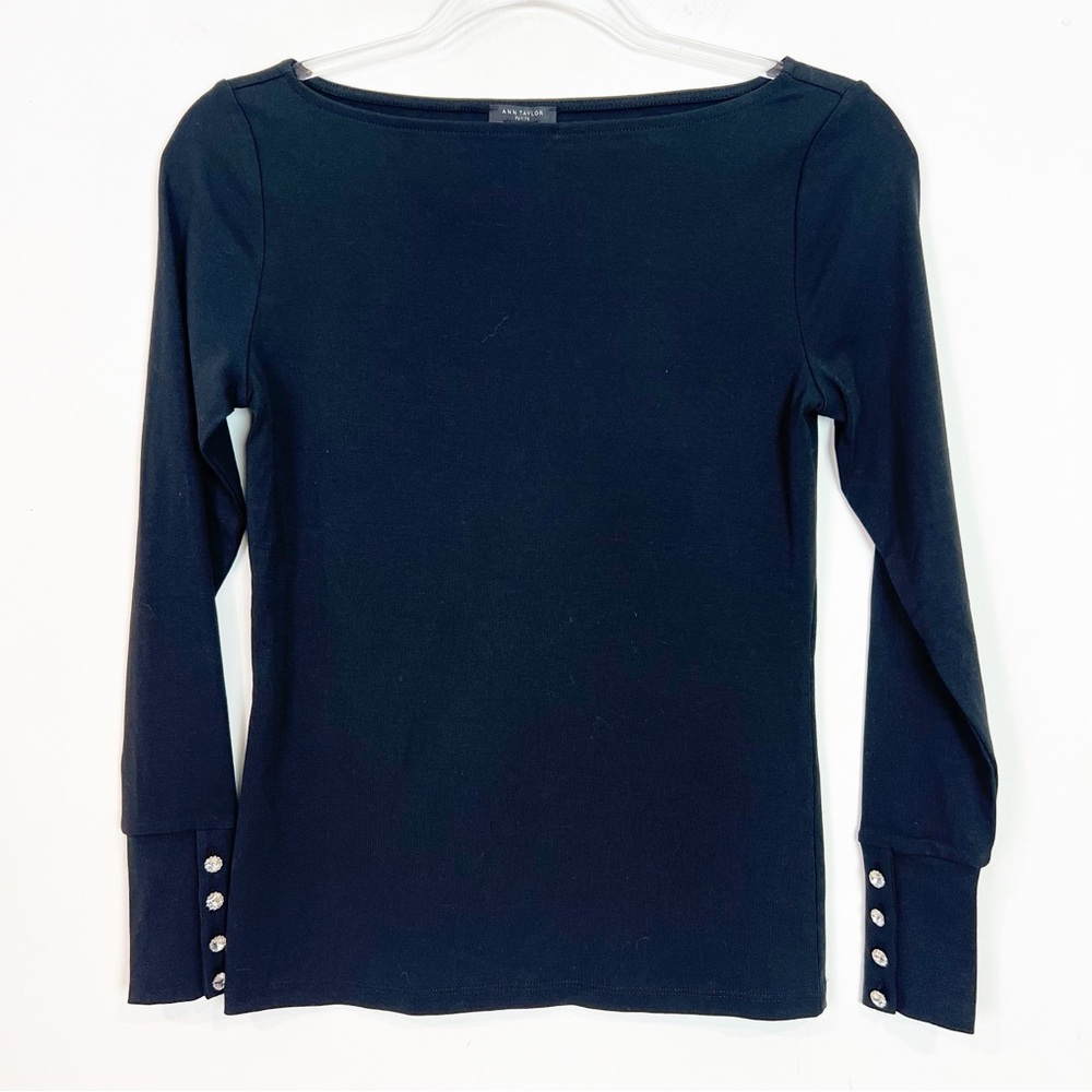 ANN TAYLOR PETITE BLACK BOATNECK LONG SLEEVE RHINESTONE CUFF SHIRT SZ XSP NWT